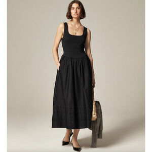 J.Crew Petite Drop Waist Mixy Dress Midi Cotton A Line Minimalist Black S NWT